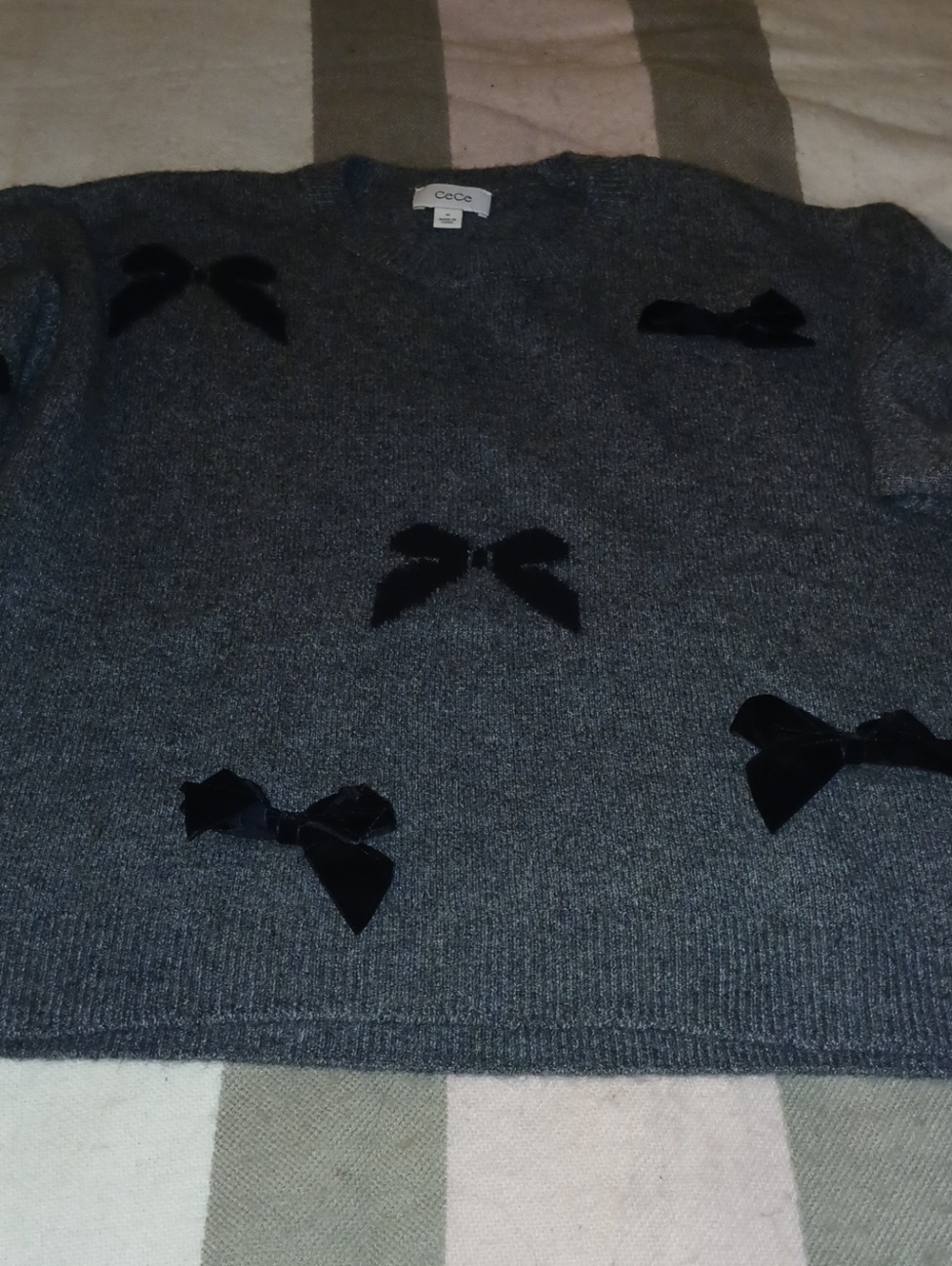 CeCe Charcoal Gray Crewneck Sweater with Black Velvet Bows